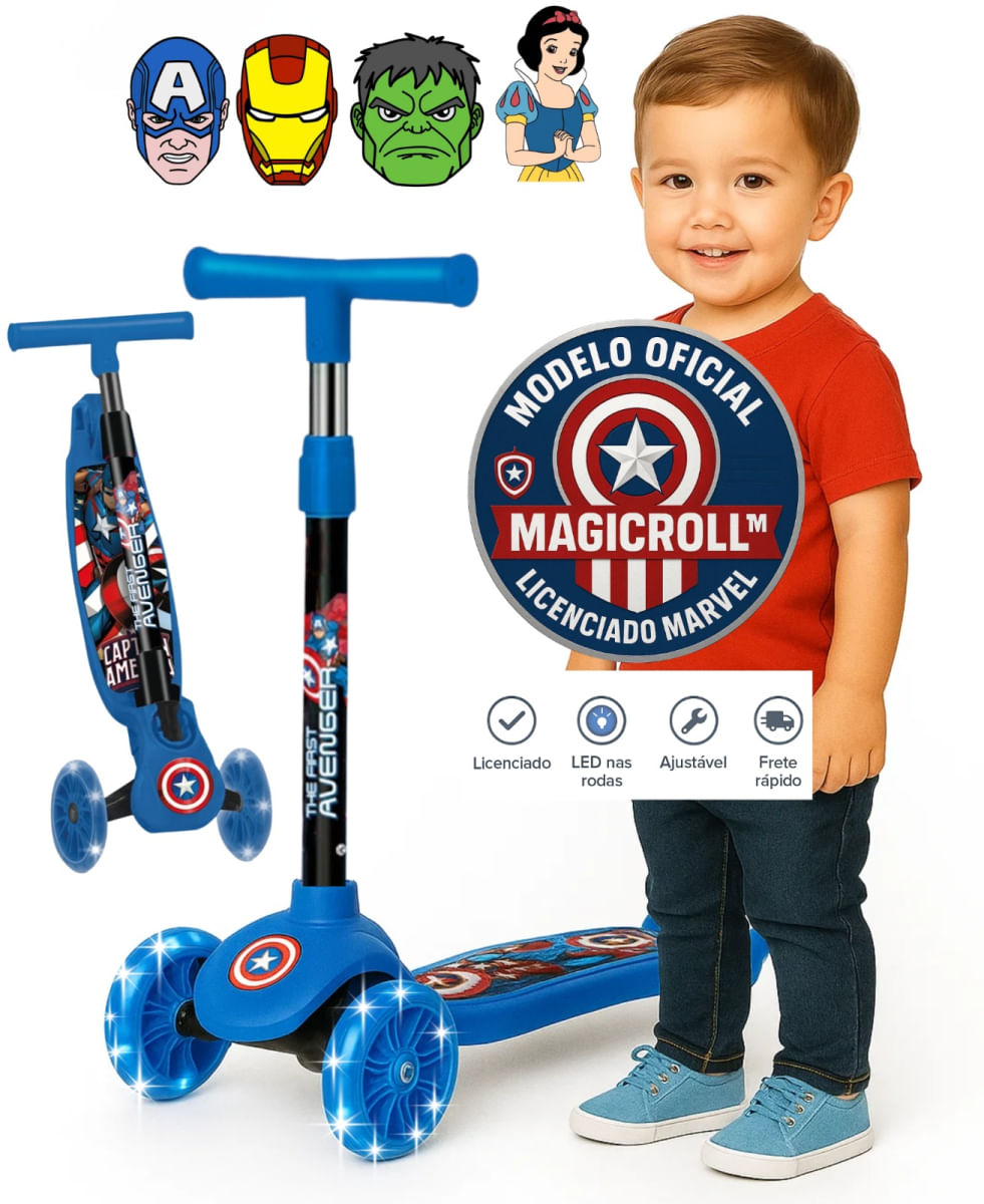 Patinete Infantil 3 Rodas Marvel Avengers - LED, Altura Ajustavel, 3+ Capitao America